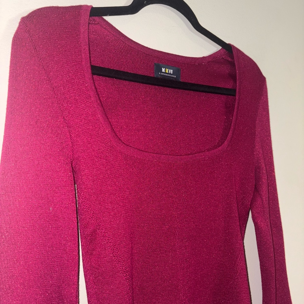 Anthropologie Maeve Shimmery Square-Neck Bell-Sleeve Sweater Raspberry Sz Small - Picture 6 of 10